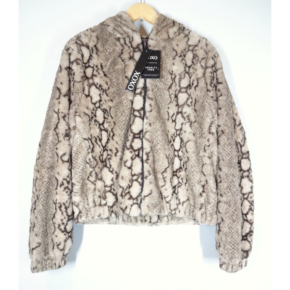 XOXO Faux Fur Jacket Womens L Beige Snakeskin Zip Hooded Vegan Animal Print NWT